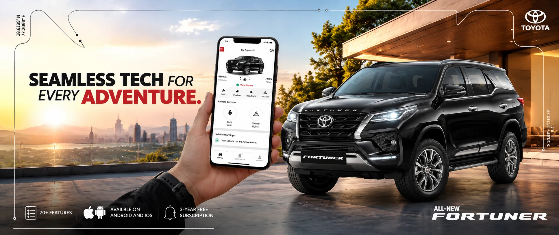 Toyota i-Connect app on a phone beside the All-New Fortuner — Seamless tech for every adventure. 70+ features, available on Android and iOS, 3-year free subscription.